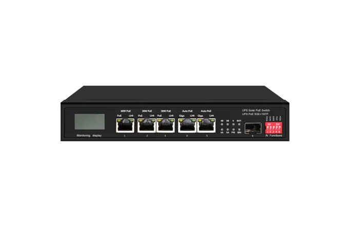 Commutateur Ethernet PoE solaire UPS avec OLED 1GE 60W PoE 2GE 30W PoE 2GE Auto PoE 1GE SFP