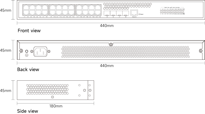 Dimension of Layer 2  Managed Switch 24x10/100/1000M RJ45, Uplink 4x1G/2.5G/10G SFP 