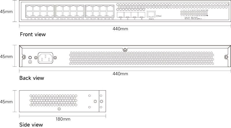 Dimension of Layer 2  Managed PoE Switch 24x10/100/1000M RJ45, Uplink 4x1G/2.5G/10G SFP 