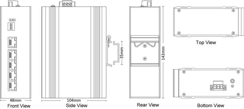 Dimension of Industrial Din-rail Unmanaged Booster PoE Switch 5x10/100Base-T