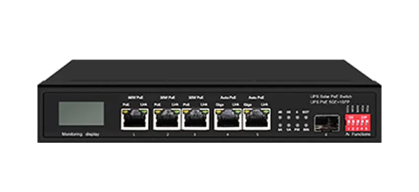 Commutateur Ethernet PoE solaire 15A UPS avec OLED 1GE 60W PoE 2GE 30W PoE 2GE Auto PoE 1GE SFP