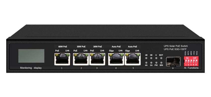 Commutateur Ethernet PoE solaire UPS avec OLED 1GE 60W PoE 2GE 30W PoE 2GE Auto PoE 1GE SFP