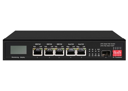 Commutateur Ethernet PoE solaire UPS avec OLED 1GE 60W PoE 2GE 30W PoE 2GE Auto PoE 1GE SFP