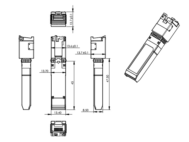 Outline Drawing of 10gbase-T Sfp  Copper Transceiver