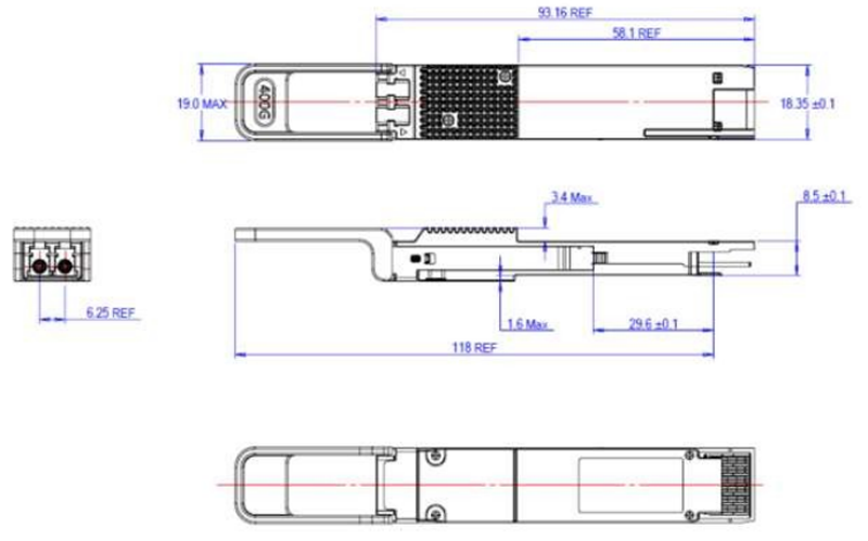Outline Drawing (mm) of 400Gb/s QSFP-DD DCO 120km Transceiver