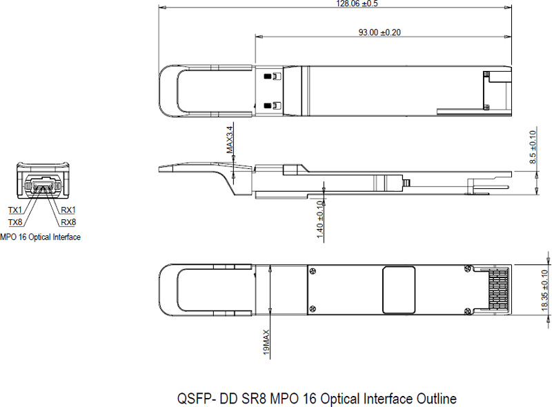 Outline Drawing of 400Gb/s QSFP-DD SR8 100m Transceiver