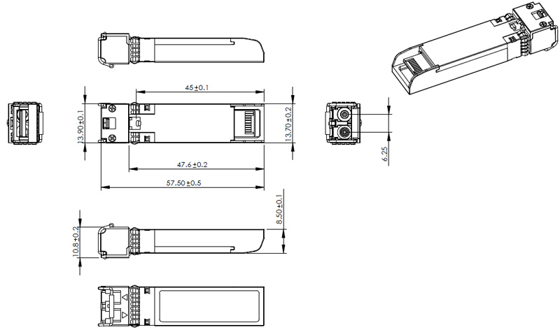 Outline Drawings (mm) of 10Gb/s SFP  CWDM 10km Transceiver